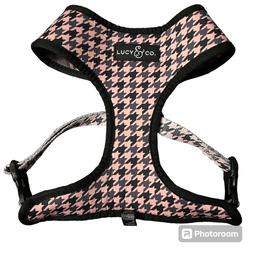 Lucy & Co Blushing Plaid Pink Houndstooth Reversible Harness and Leash Set